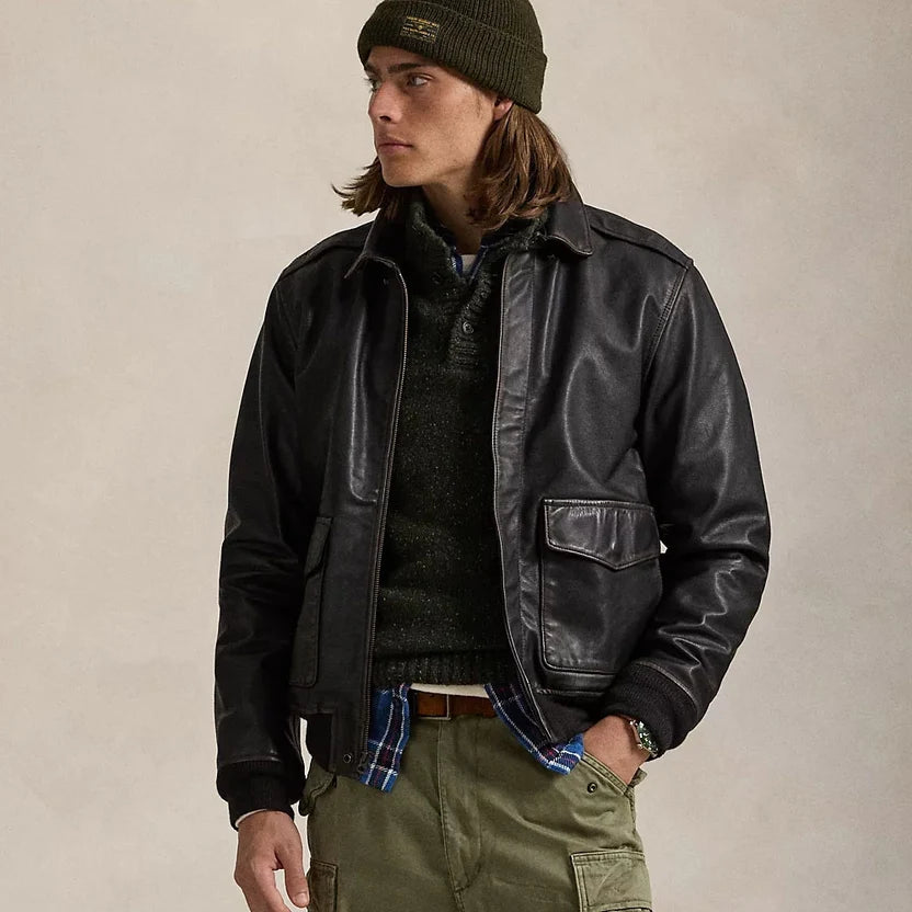 RAVENHOLT Men's Leather Flight Bomber Jacket
