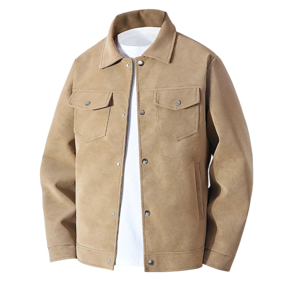 RAVENHOLT Men's Faux Suede Trucker Jacket with Snap Buttons and Turn-Down Collar