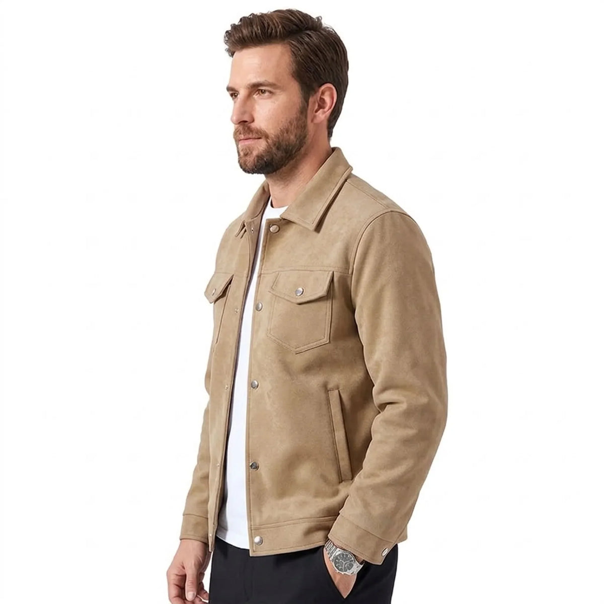 RAVENHOLT Men's Faux Suede Trucker Jacket with Snap Buttons and Turn-Down Collar