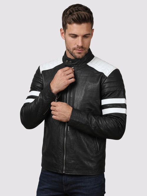 RAVENHOLT Men's Black and White Leather Jacket